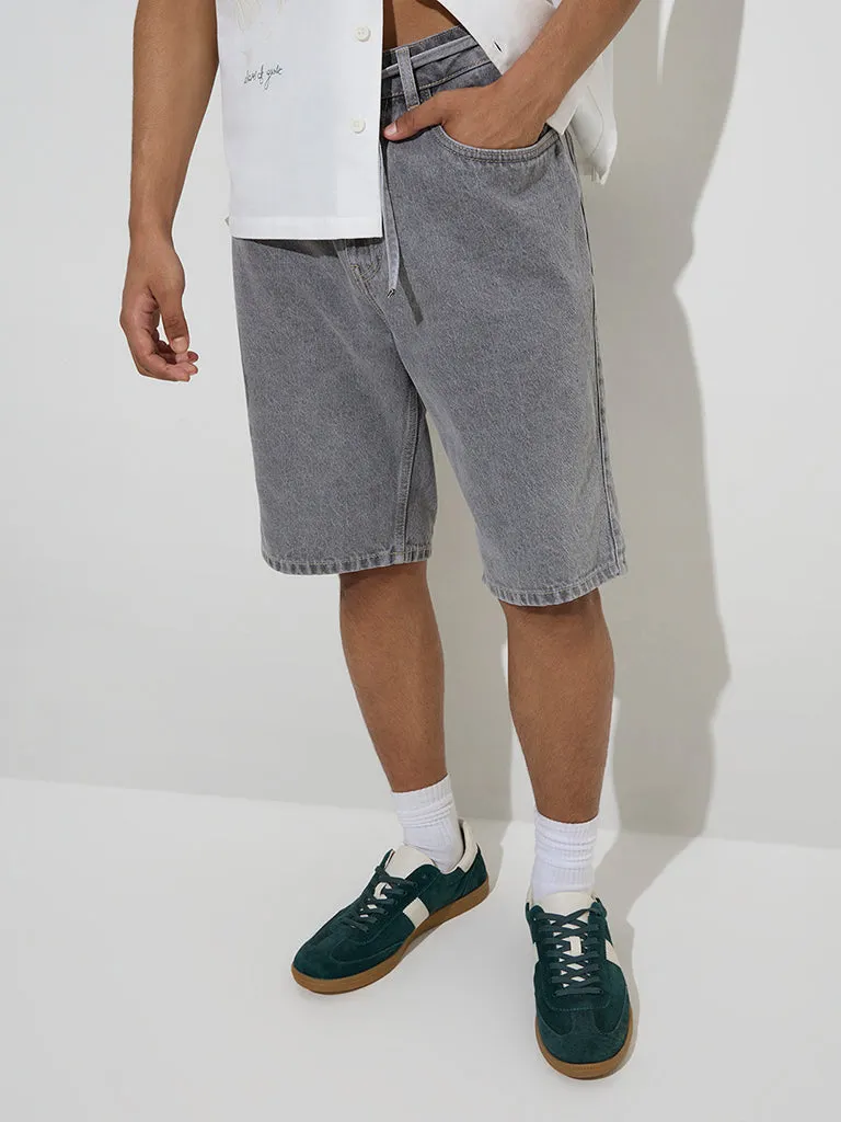 Nuon Grey Relaxed-Fit Mid-Rise Denim Shorts