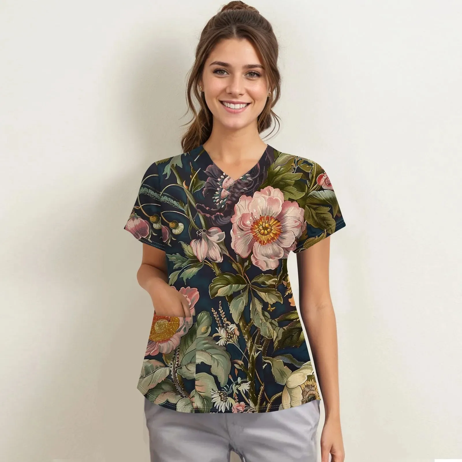 Nurse Uniform Women V-Neck Short Sleeve Tunic Hospitals Healthcare Workers Nursing Uniform Beauty Salon Spa Scrubs Printed Tops
