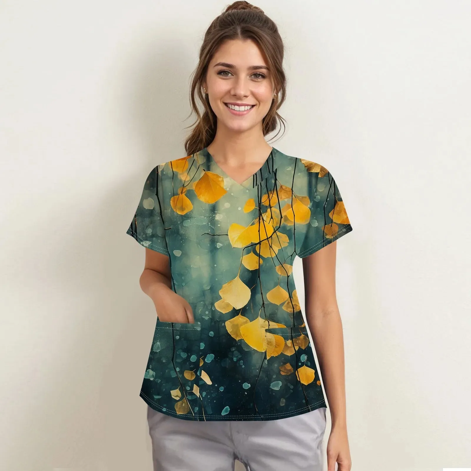 Nurse Uniform Women V-Neck Short Sleeve Tunic Hospitals Healthcare Workers Nursing Uniform Beauty Salon Spa Scrubs Printed Tops