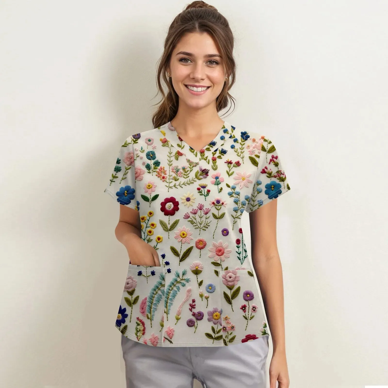 Nurse Uniform Women V-Neck Short Sleeve Tunic Hospitals Healthcare Workers Nursing Uniform Beauty Salon Spa Scrubs Printed Tops