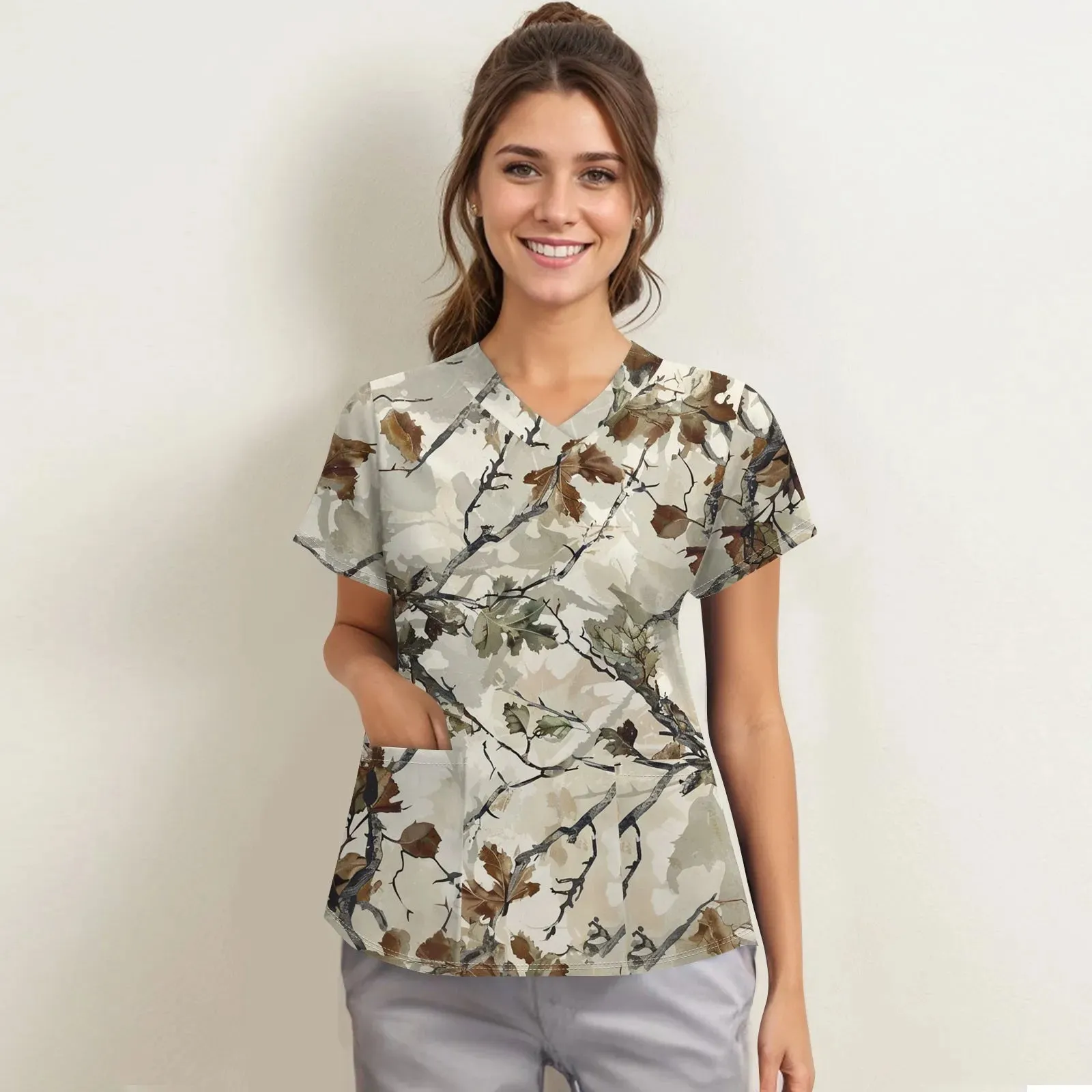 Nurse Uniform Women V-Neck Short Sleeve Tunic Hospitals Healthcare Workers Nursing Uniform Beauty Salon Spa Scrubs Printed Tops