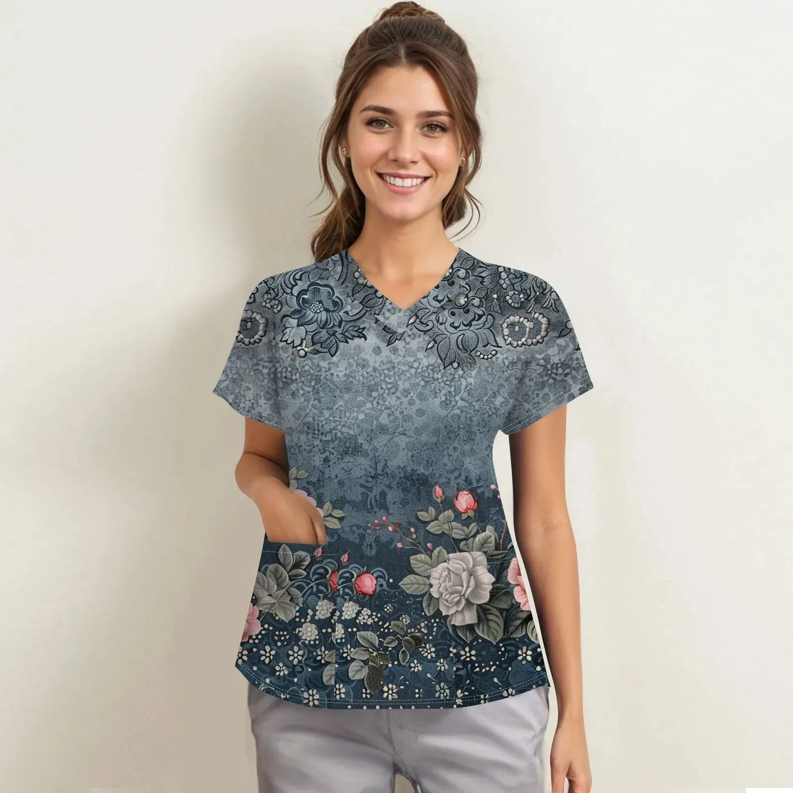 Nurse Uniform Women V-Neck Short Sleeve Tunic Hospitals Healthcare Workers Nursing Uniform Beauty Salon Spa Scrubs Printed Tops