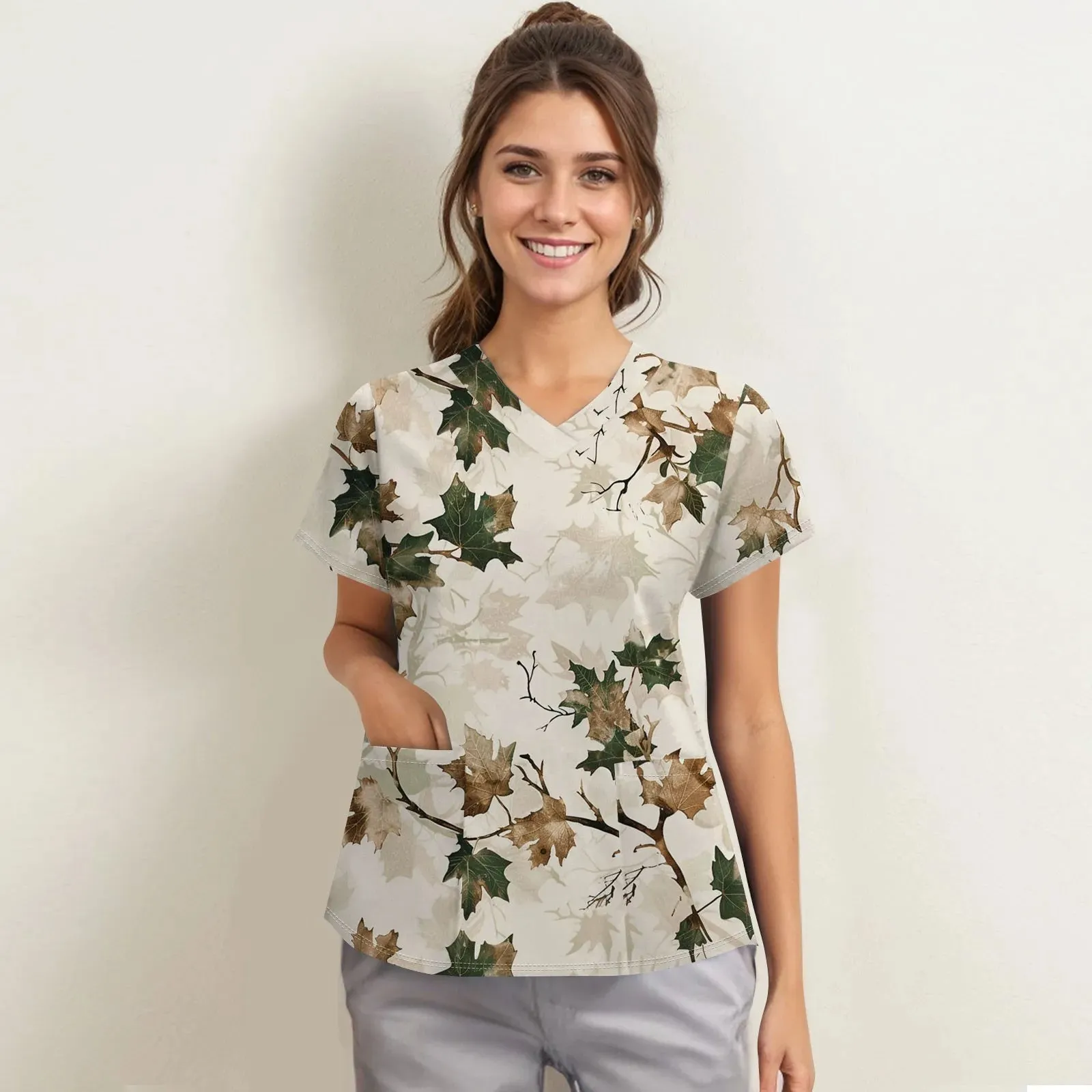 Nurse Uniform Women V-Neck Short Sleeve Tunic Hospitals Healthcare Workers Nursing Uniform Beauty Salon Spa Scrubs Printed Tops