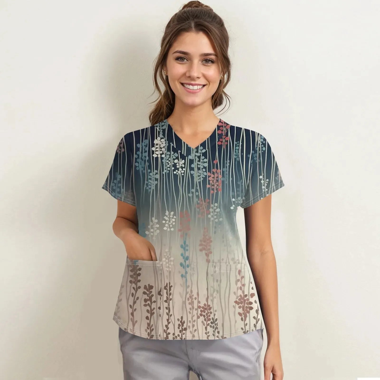 Nurse Uniform Women V-Neck Short Sleeve Tunic Hospitals Healthcare Workers Nursing Uniform Beauty Salon Spa Scrubs Printed Tops