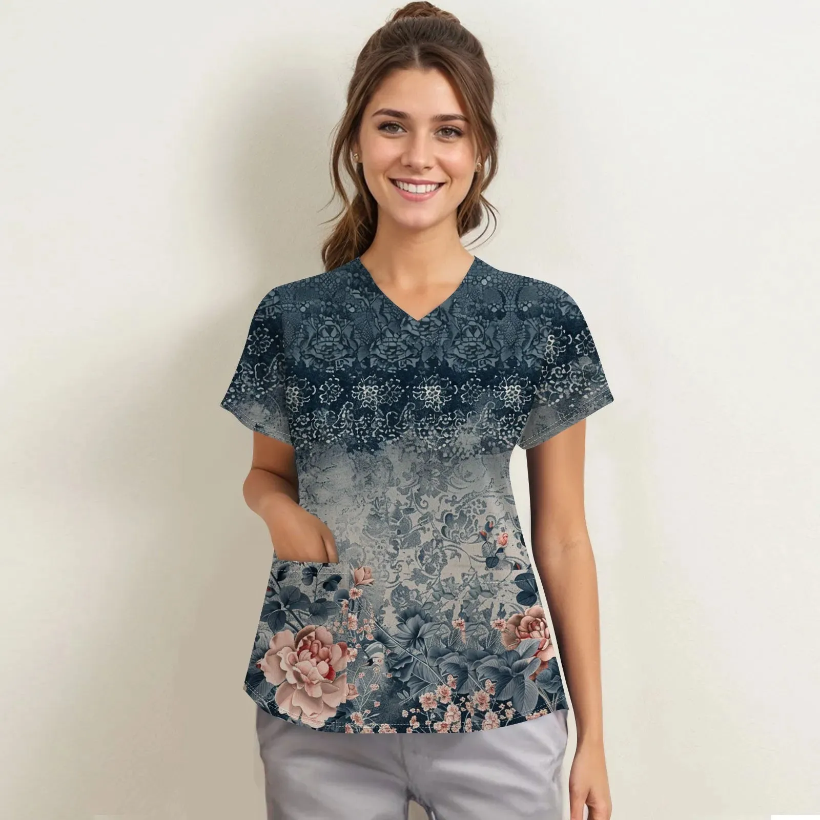 Nurse Uniform Women V-Neck Short Sleeve Tunic Hospitals Healthcare Workers Nursing Uniform Beauty Salon Spa Scrubs Printed Tops