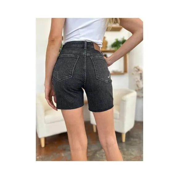 NWT Judy Blue Tummy Control High Waist Black Denim Shorts, Raw Hem