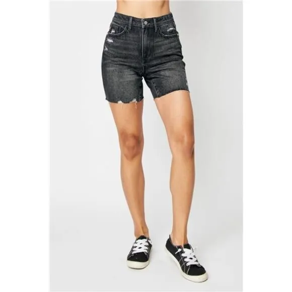 NWT Judy Blue Tummy Control High Waist Black Denim Shorts, Raw Hem