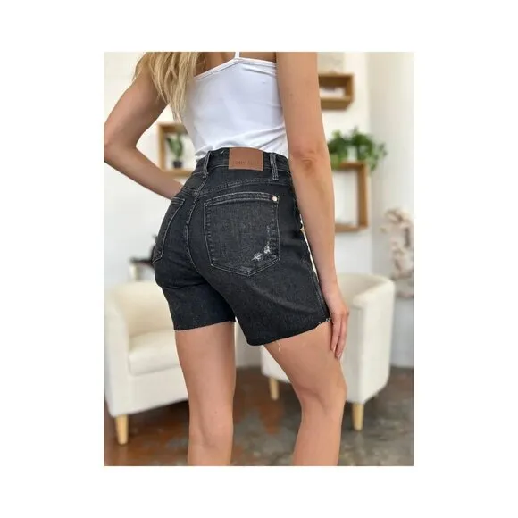 NWT Judy Blue Tummy Control High Waist Black Denim Shorts, Raw Hem