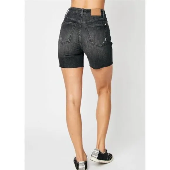 NWT Judy Blue Tummy Control High Waist Black Denim Shorts, Raw Hem