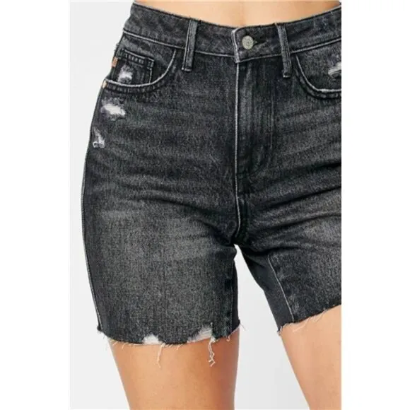 NWT Judy Blue Tummy Control High Waist Black Denim Shorts, Raw Hem