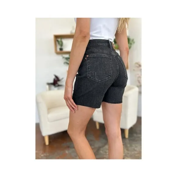 NWT Judy Blue Tummy Control High Waist Black Denim Shorts, Raw Hem