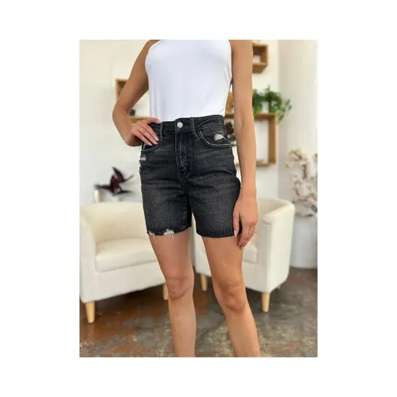 NWT Judy Blue Tummy Control High Waist Black Denim Shorts, Raw Hem