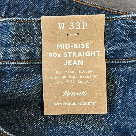 NWT Madewell Mid-Rise ‘90s Straight Jean - 33 Petite