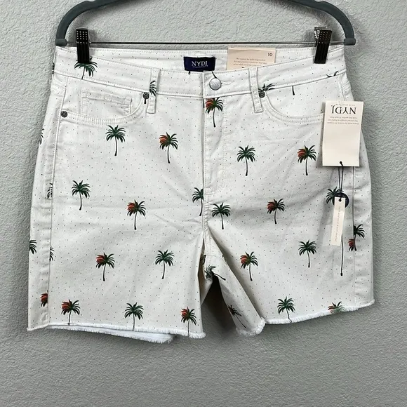 NWT NYDJ Cirque Des Palm Tree High Rise A Line Short Fray Hem Tropical Sz 10