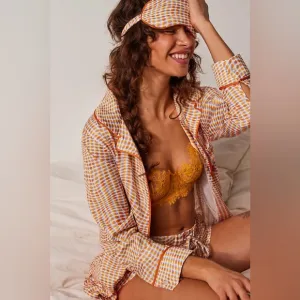 NWT- PLUSH x Free People SILKY OP ART LONG SLEEVE   SHORTS PJ SET WITH EYE MASK
