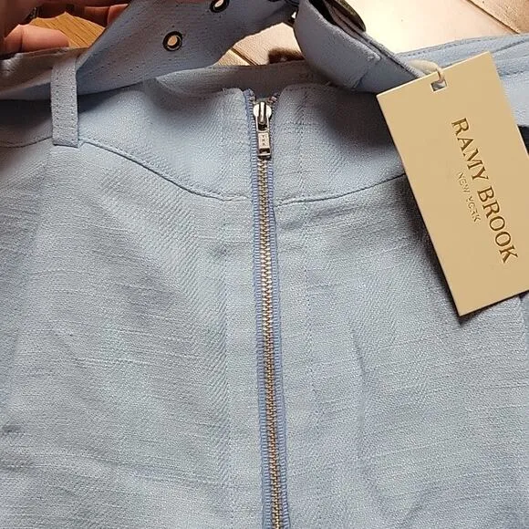 NWT Ramy Brook Gleirys Belted Twill Shorts Misty Blue Slub Line Size 8