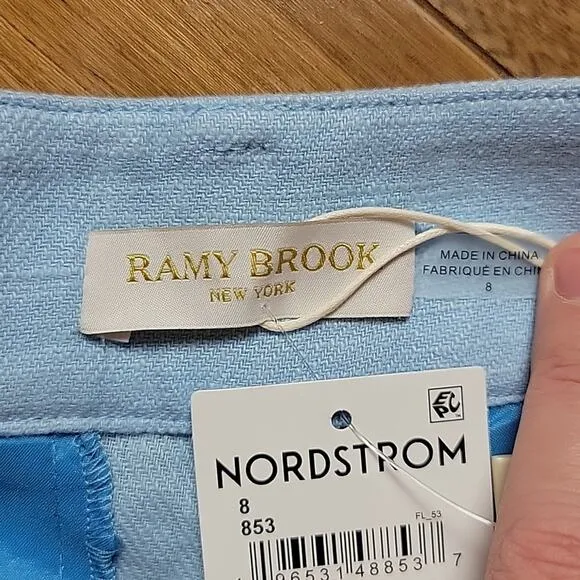 NWT Ramy Brook Gleirys Belted Twill Shorts Misty Blue Slub Line Size 8