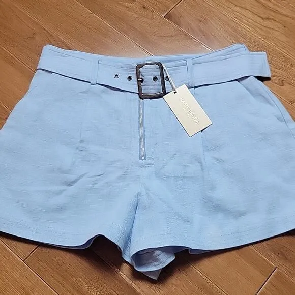 NWT Ramy Brook Gleirys Belted Twill Shorts Misty Blue Slub Line Size 8