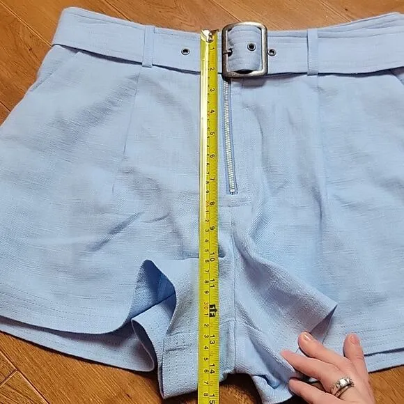 NWT Ramy Brook Gleirys Belted Twill Shorts Misty Blue Slub Line Size 8