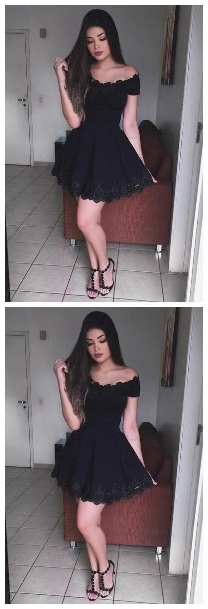 Off Shoulder Black Lace Simple Cheap Short Homecoming Dresses 2018, Little Black Dress, CM548