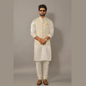 Off White Kurta Payjama Set With Floral Embroidery Jacket -Handcrafted
