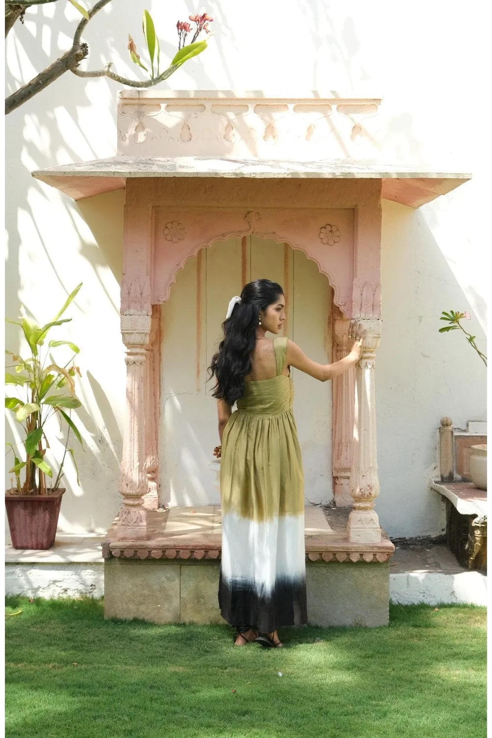 Olive green Hand Tied Dyed Midi Dress