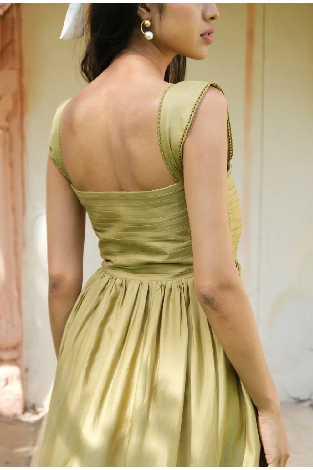Olive green Hand Tied Dyed Midi Dress