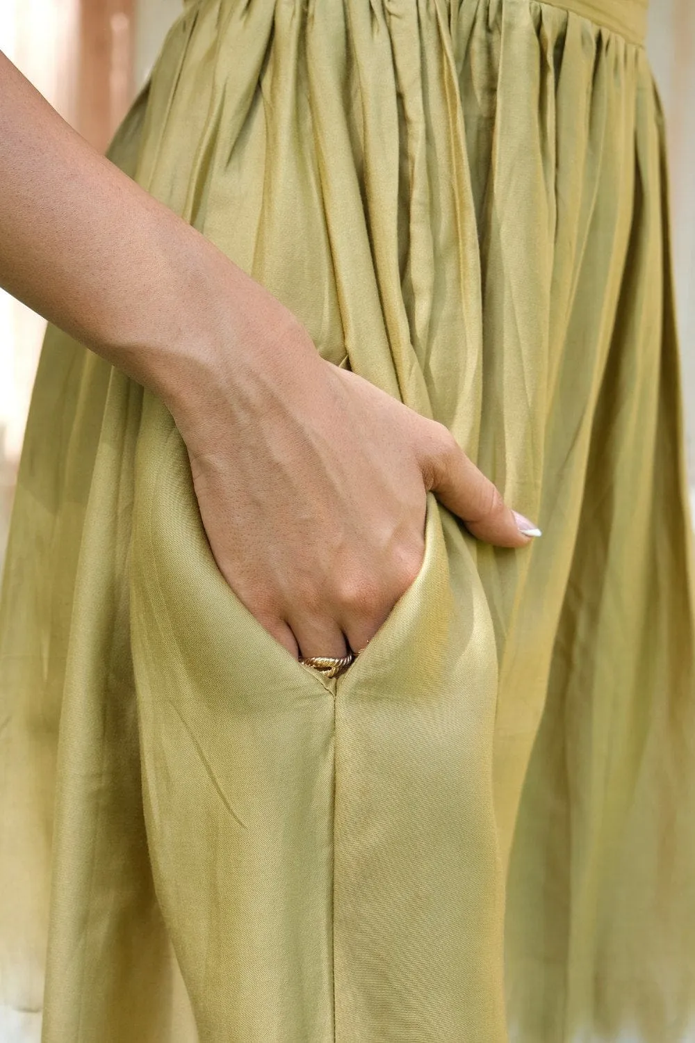 Olive green Hand Tied Dyed Midi Dress
