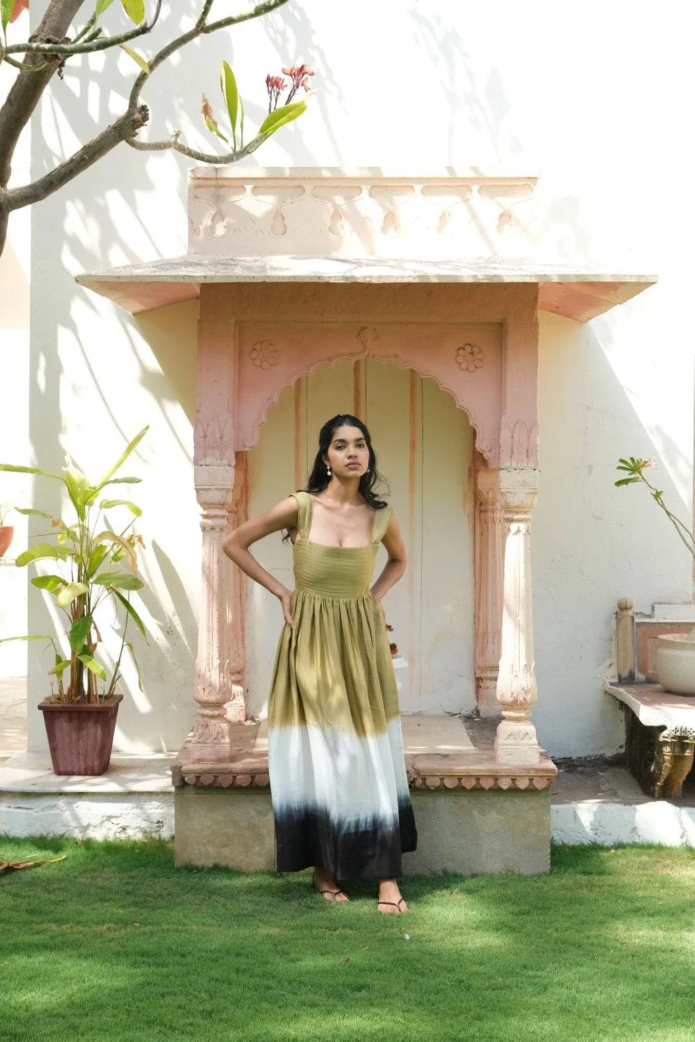 Olive green Hand Tied Dyed Midi Dress