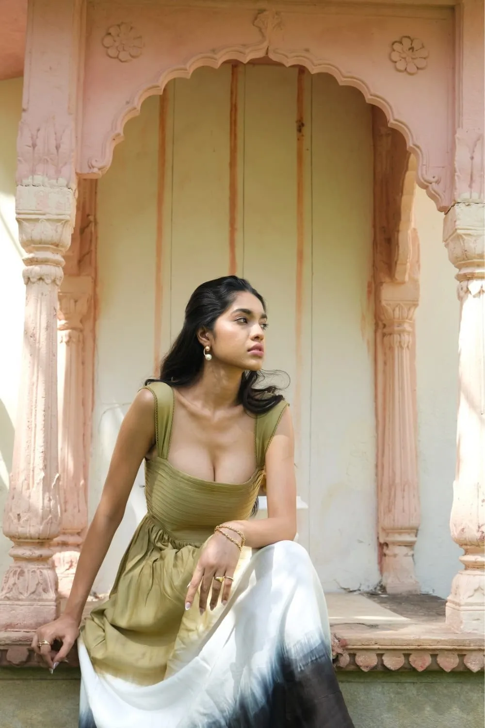 Olive green Hand Tied Dyed Midi Dress