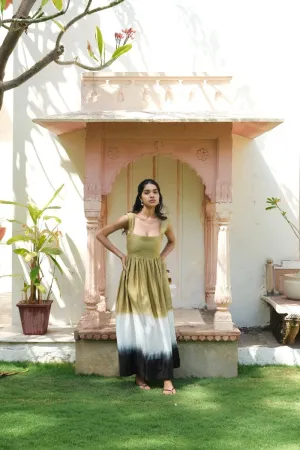 Olive green Hand Tied Dyed Midi Dress