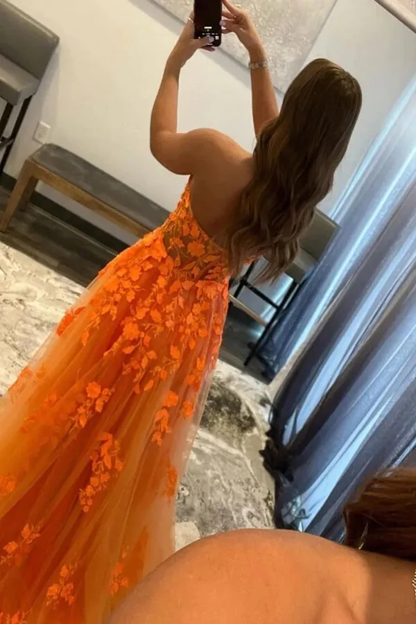 Orange Tulle A-line Sweetheart Lace Appliques Prom Dresses, Party Dress, SP940
