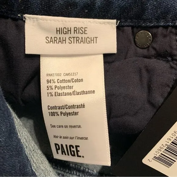 Paige Womens NEW High Rise Sarah Straight leg jeans size 25