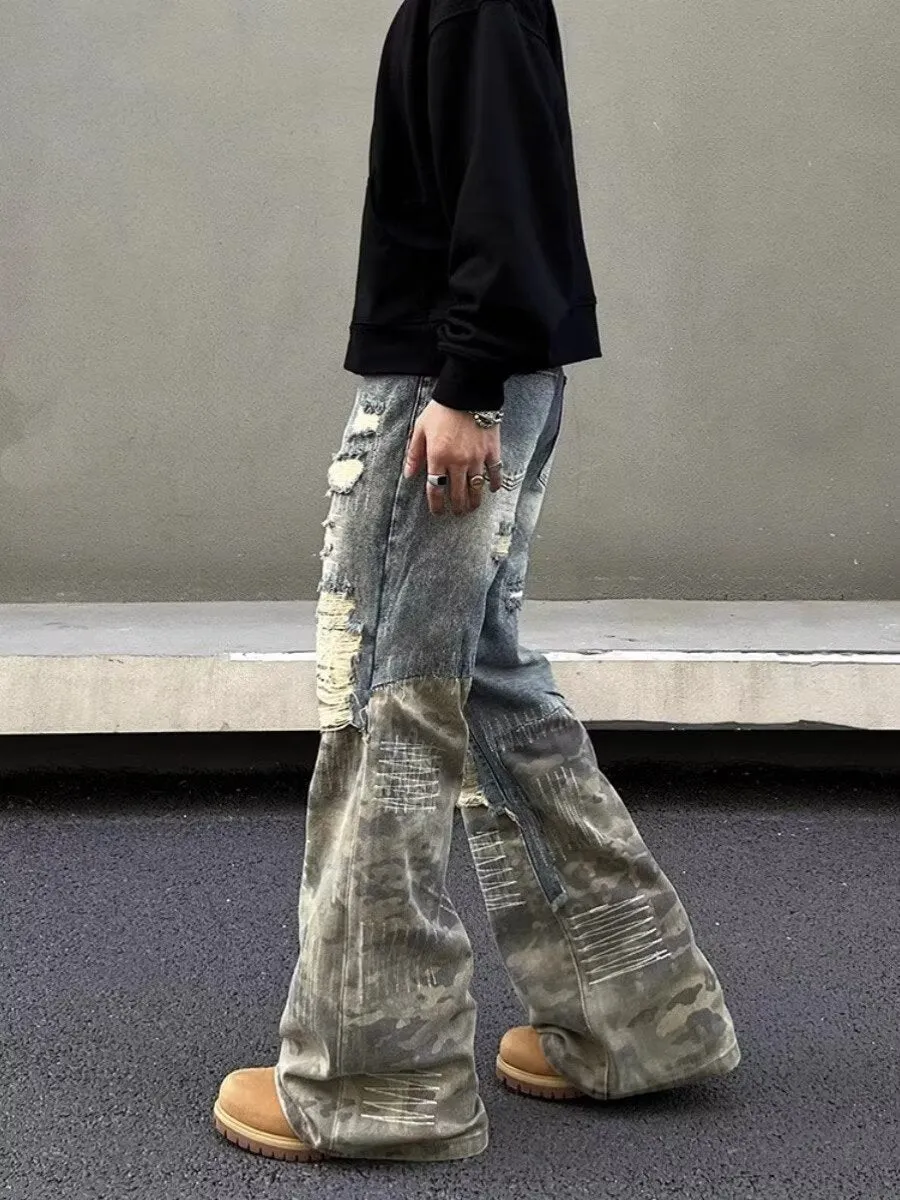 Patchwork Camouflage Flared Jeans Straight Vibe Pants
