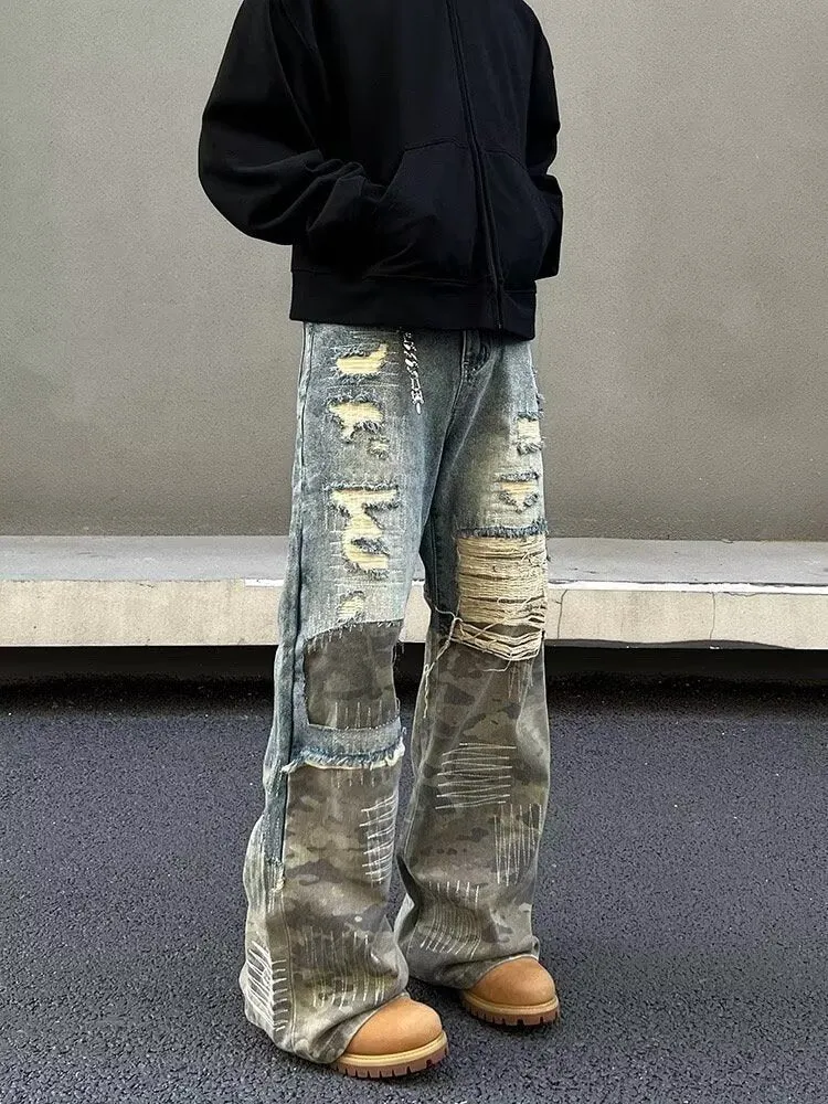 Patchwork Camouflage Flared Jeans Straight Vibe Pants