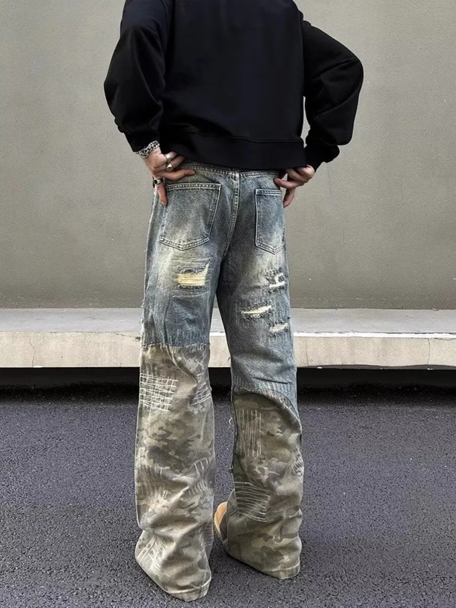 Patchwork Camouflage Flared Jeans Straight Vibe Pants
