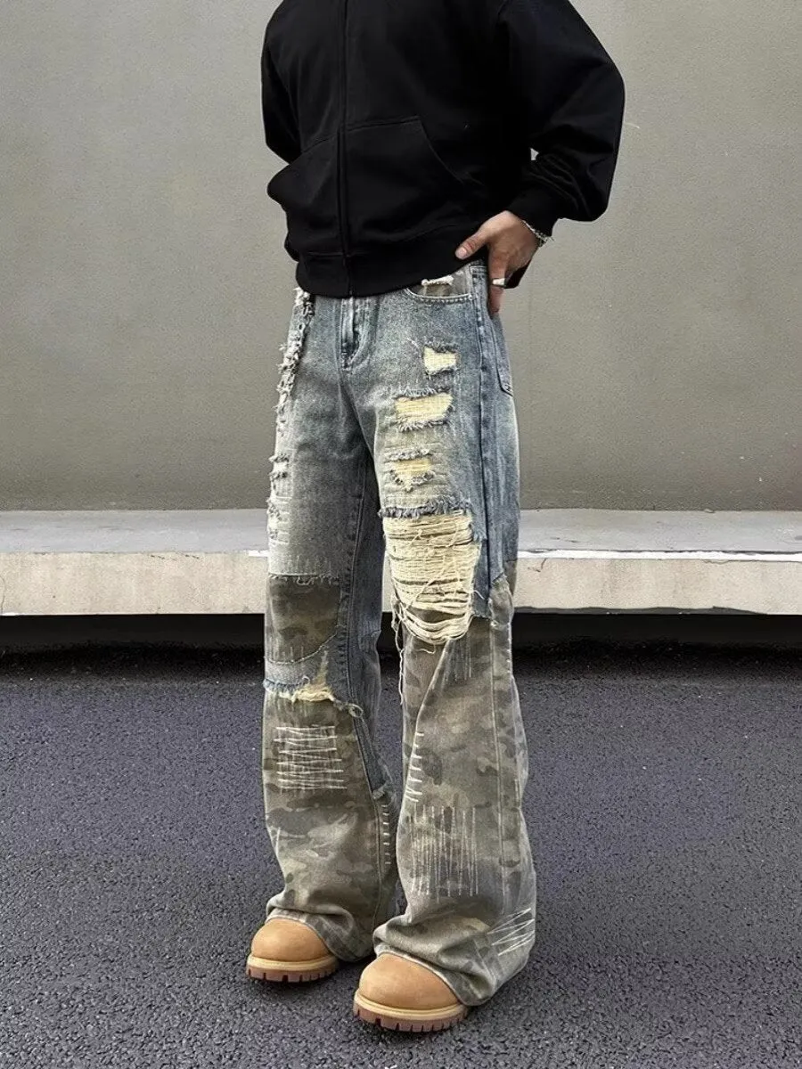 Patchwork Camouflage Flared Jeans Straight Vibe Pants