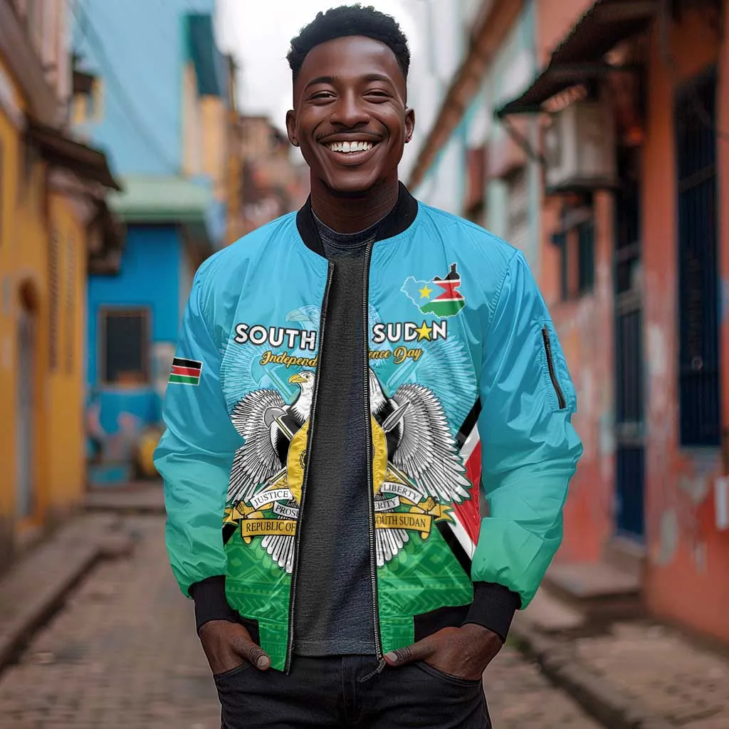 Personalised South Sudan Sleeve Zip Bomber Jacket Coat Of Arms - Happy Independence Day LT15