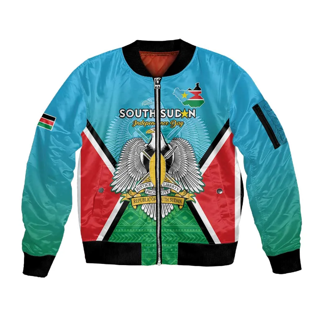 Personalised South Sudan Sleeve Zip Bomber Jacket Coat Of Arms - Happy Independence Day LT15