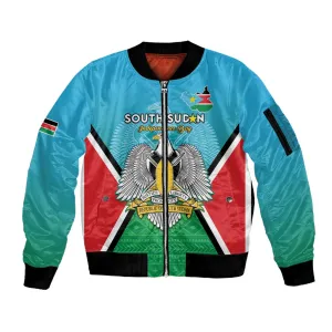 Personalised South Sudan Sleeve Zip Bomber Jacket Coat Of Arms - Happy Independence Day LT15