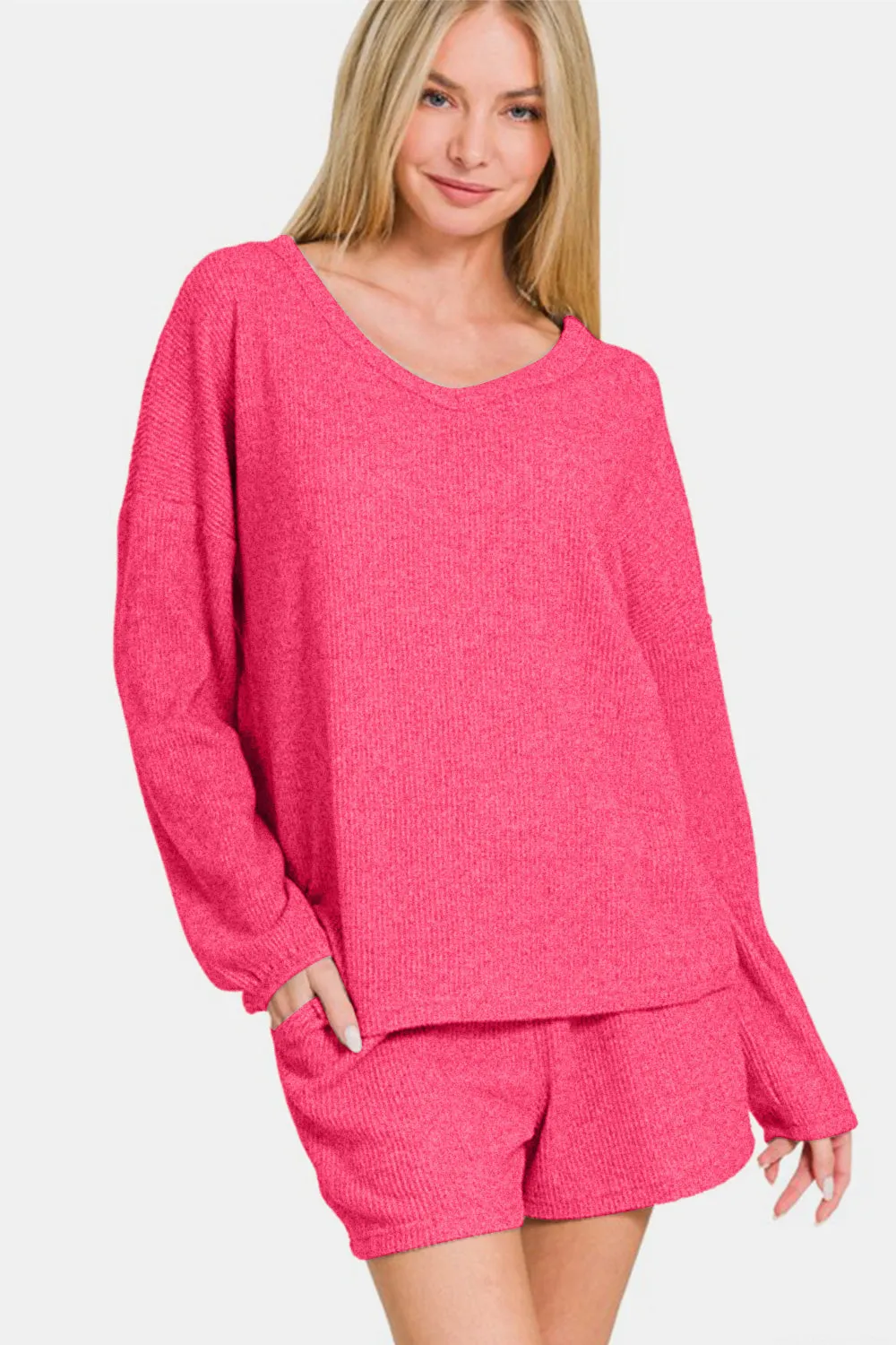 Pink V-Neck Long Sleeve Ribbed Top and Shorts Set