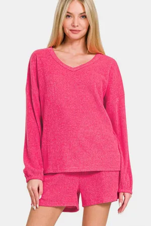 Pink V-Neck Long Sleeve Ribbed Top and Shorts Set