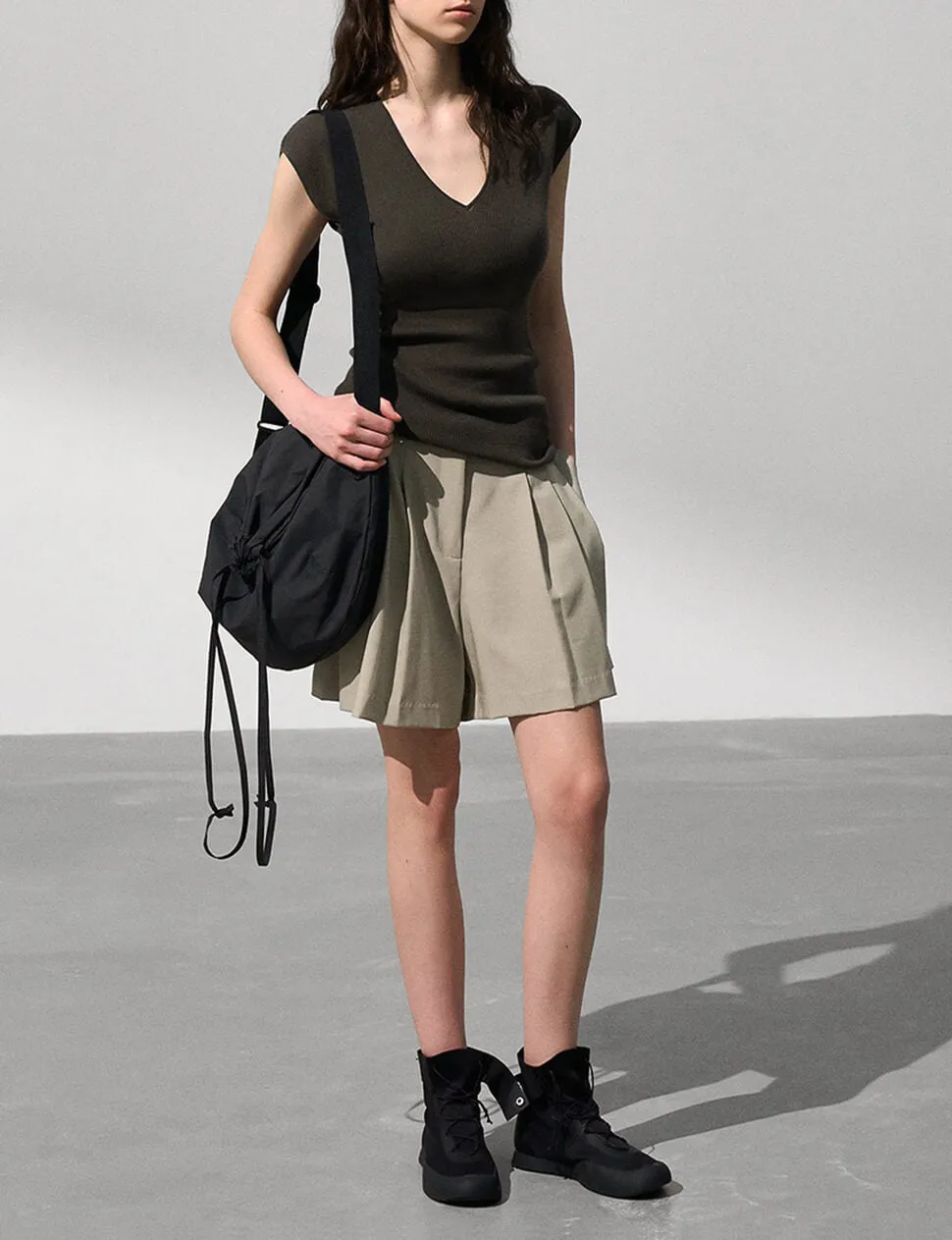 Pleated  Flared Tan Shorts