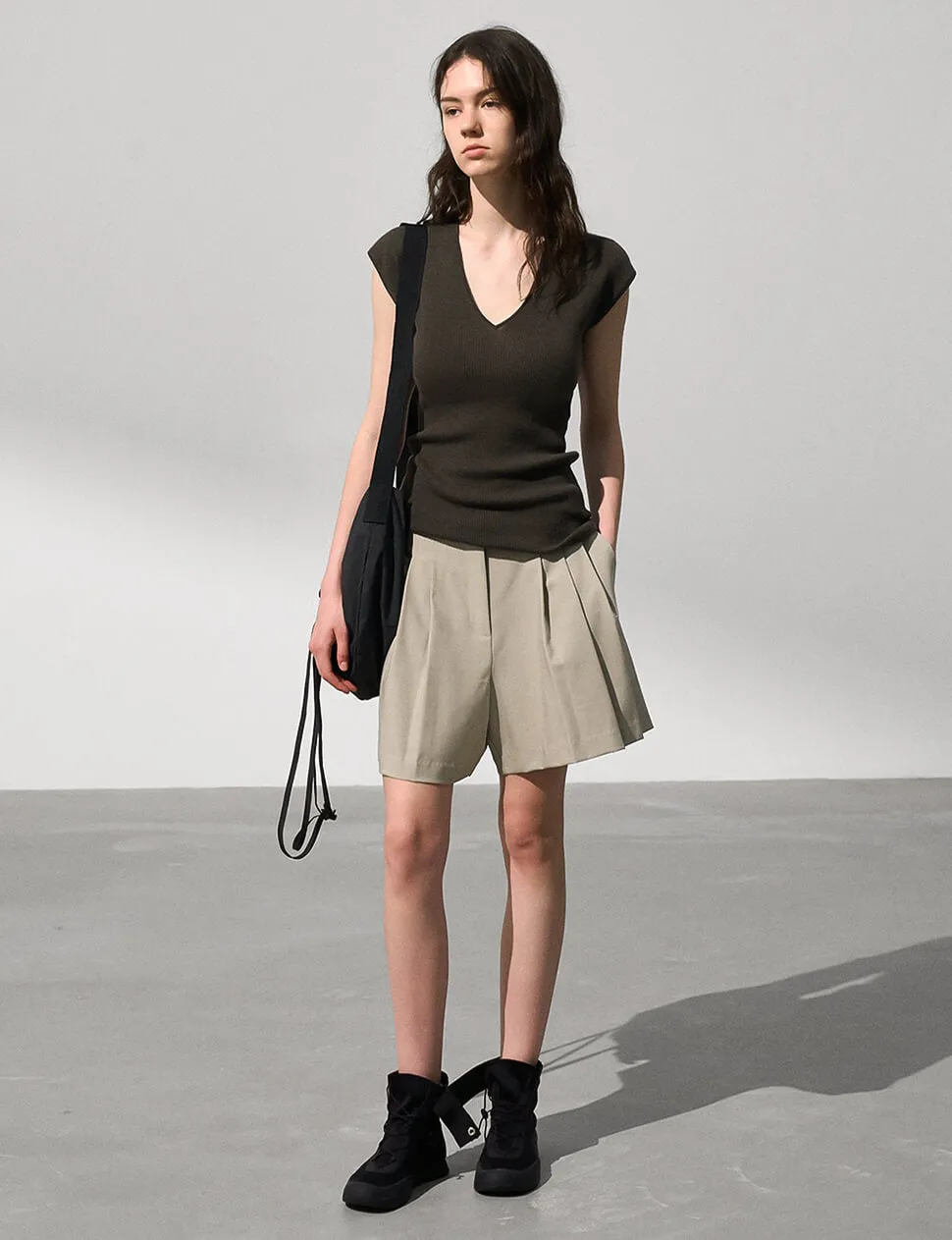 Pleated  Flared Tan Shorts