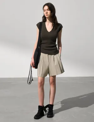 Pleated  Flared Tan Shorts