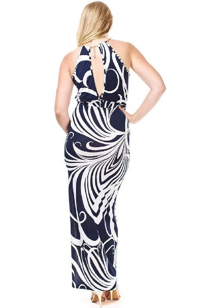 Plus Size Long Maxi Summer Dress Navy Blue And White Swirl Halter