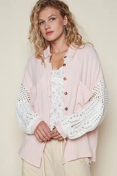 POL Gauze Button Down Shirt- Blush Pink
