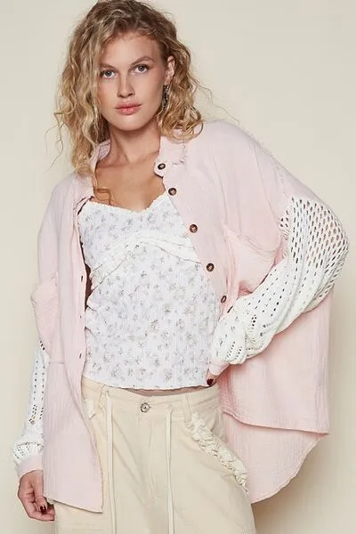 POL Gauze Button Down Shirt- Blush Pink