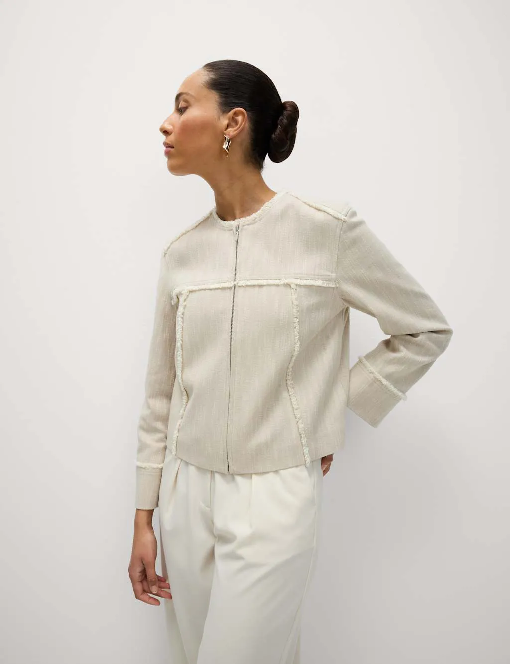 Pure Cotton Collarless Frayed Edge Jacket