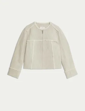 Pure Cotton Collarless Frayed Edge Jacket